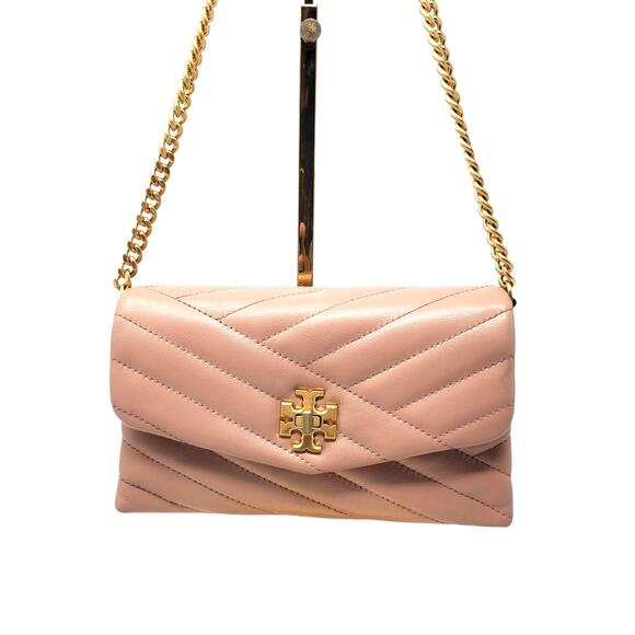 Tory Burch Kira Chevron Chain Wallet Purse Leather Pink Moon Rolled Brass 64086 - Picture 2 of 10